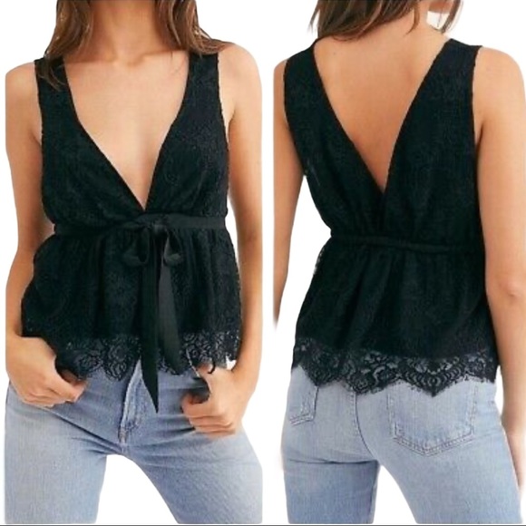 Free People Chante Lace Tie Front Black Tank Top - Picture 1 of 11
